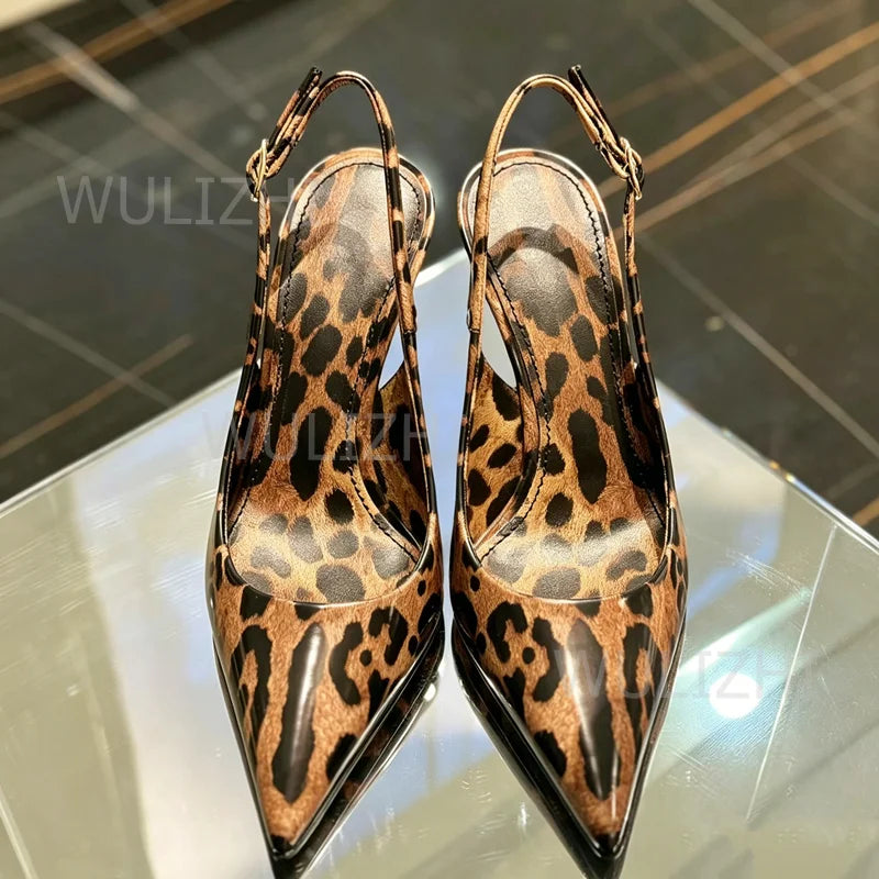 Leopard Print Graffiti Genuine Leather Slingback Sandal for Women