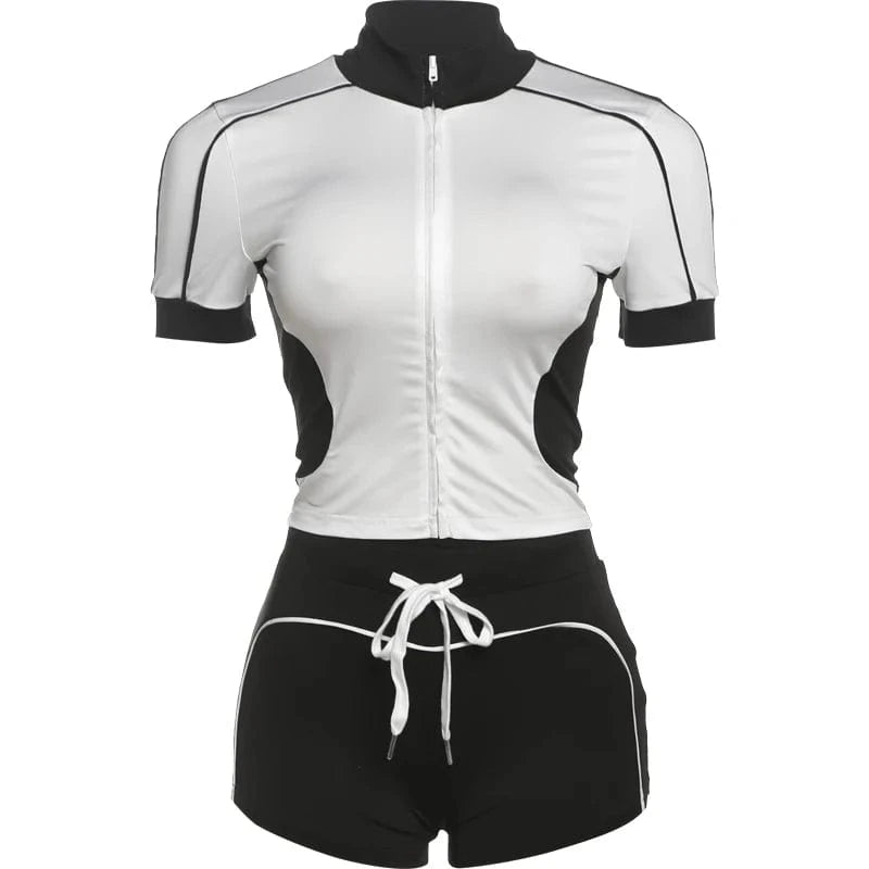 Weird Puss Summer Women Casual 2 Piece Set Tracksuit Zip Patchwork Shorts Sleeve Crop Tops+Shorts Stretch Sporty Outfits
