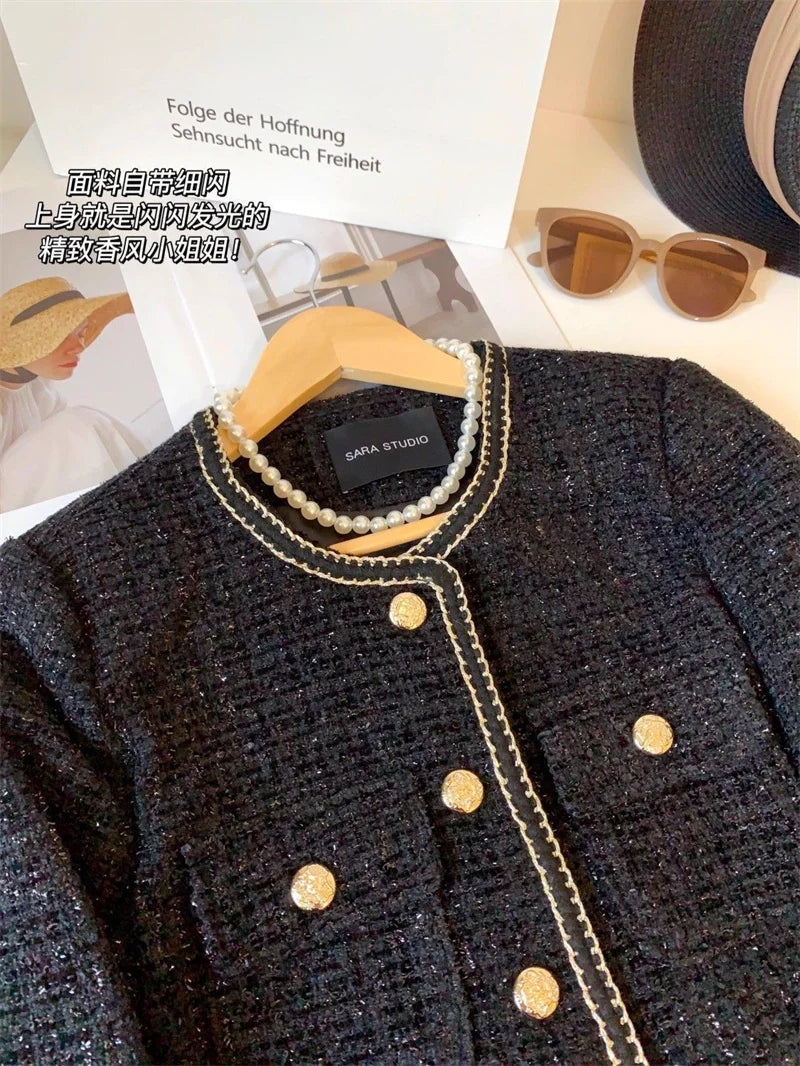 High-End Warm Down Cotton Jacket With Fragrance Tweed Woven Quilted Woolen Suit For Women Autumn Winter 2024 O-Neck Short Top