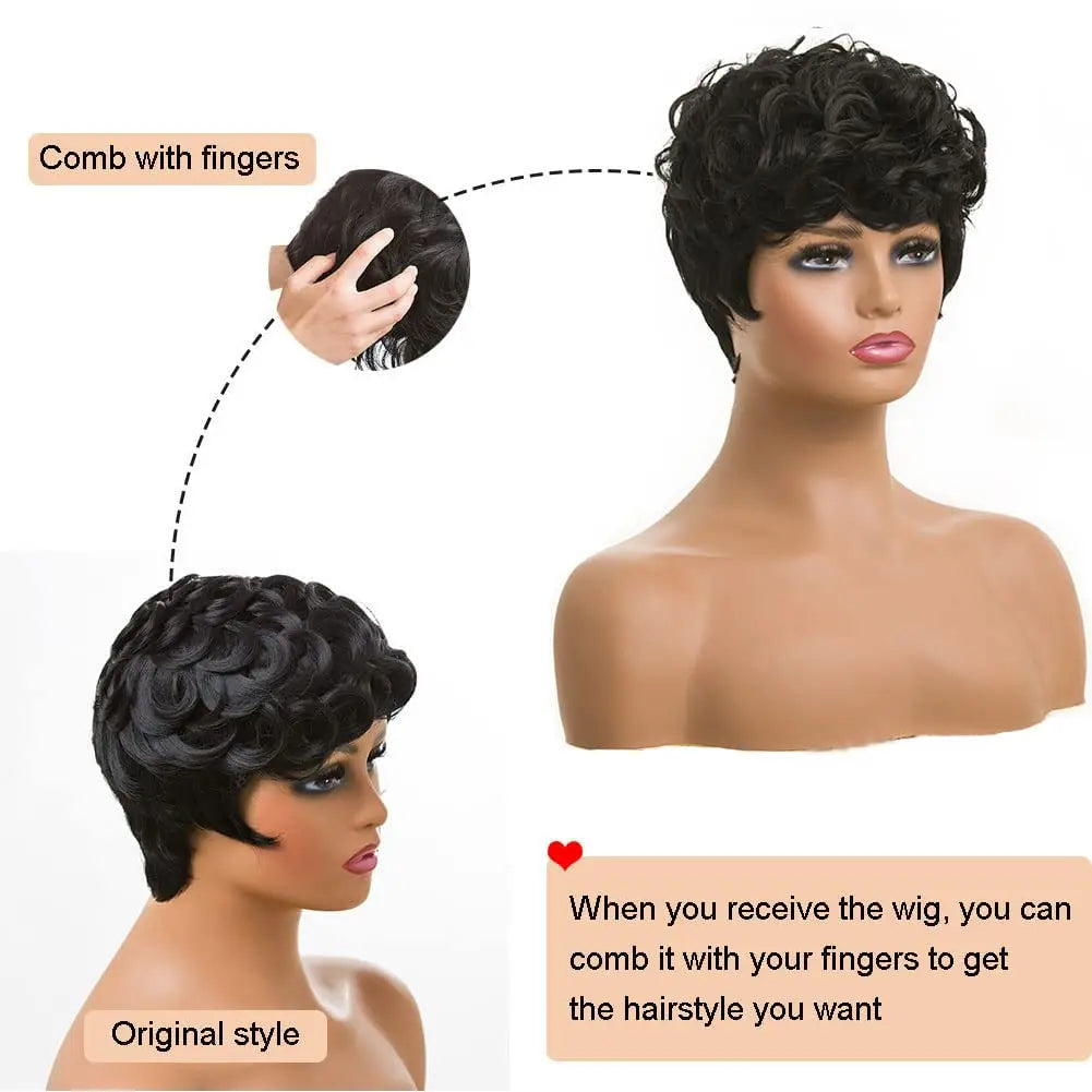 Short Black Curly Pixie Cut Synthetic Wig For Women