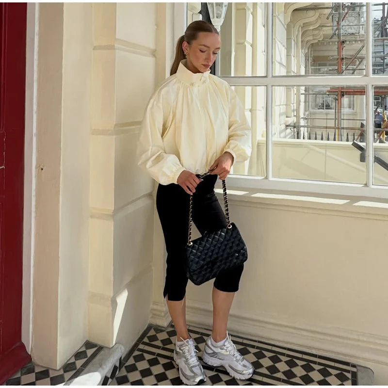 Zip Up High Neck Puff Sleeve Cropped Jacket For Women