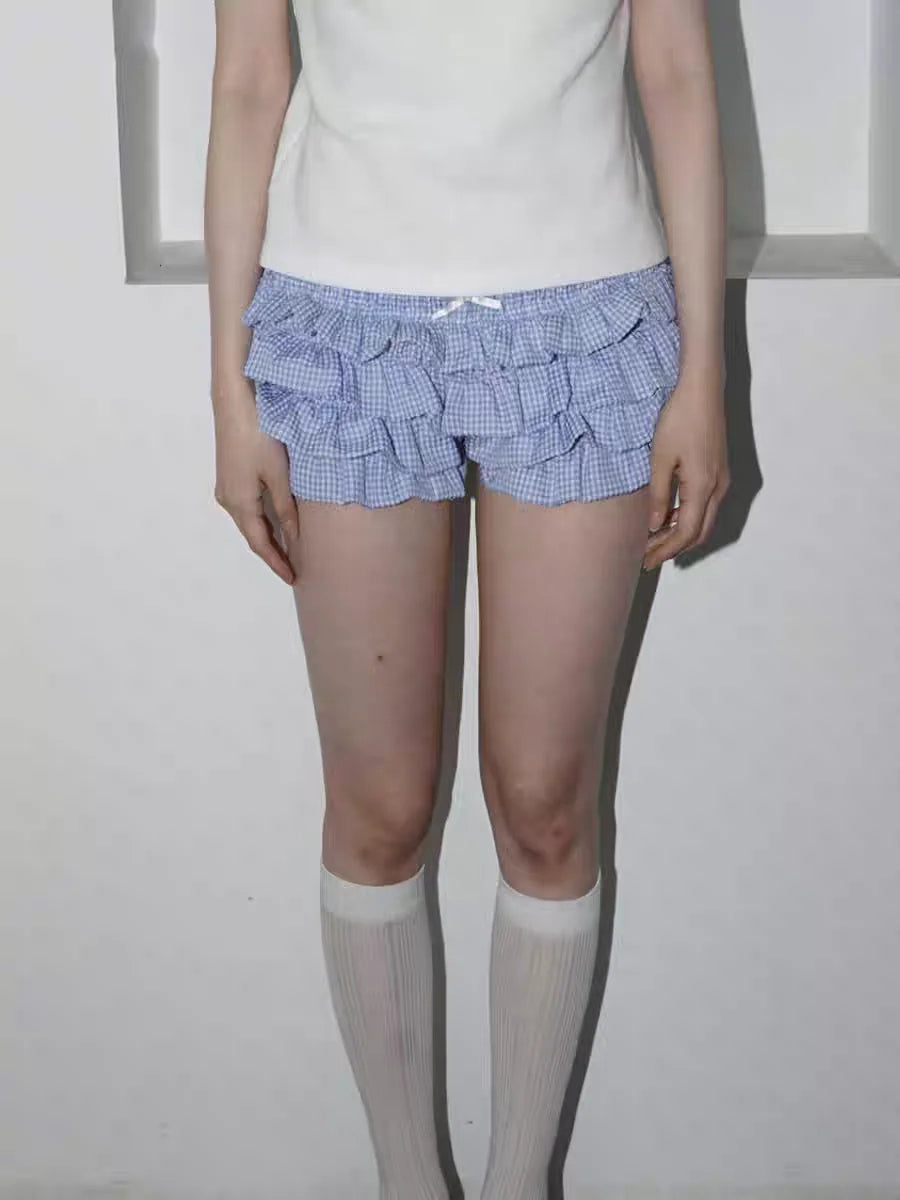 Layered Ruffle Elastic Waist Plaid Shorts for Women
