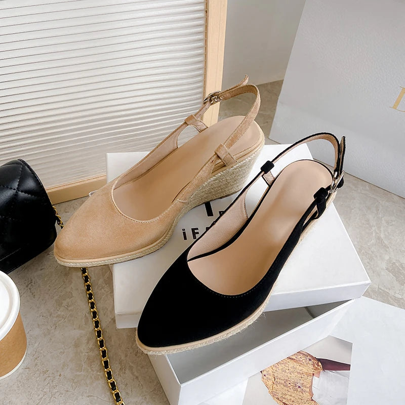 Apricot Back Strap Suede Wedge Platform Sandals for Women