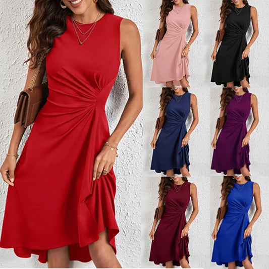 Red Sleeveless A Line Midi Office Dress