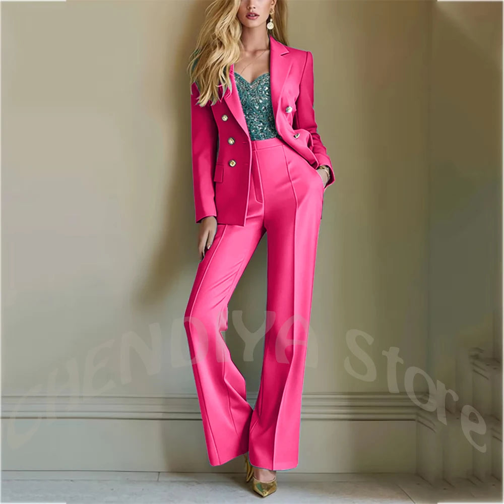 Solid Color Suit For Women High Quality Double Breasted Two Piece Notch Lapel Slim Fit Elegant Fashion Female Outfit Jacket Pant