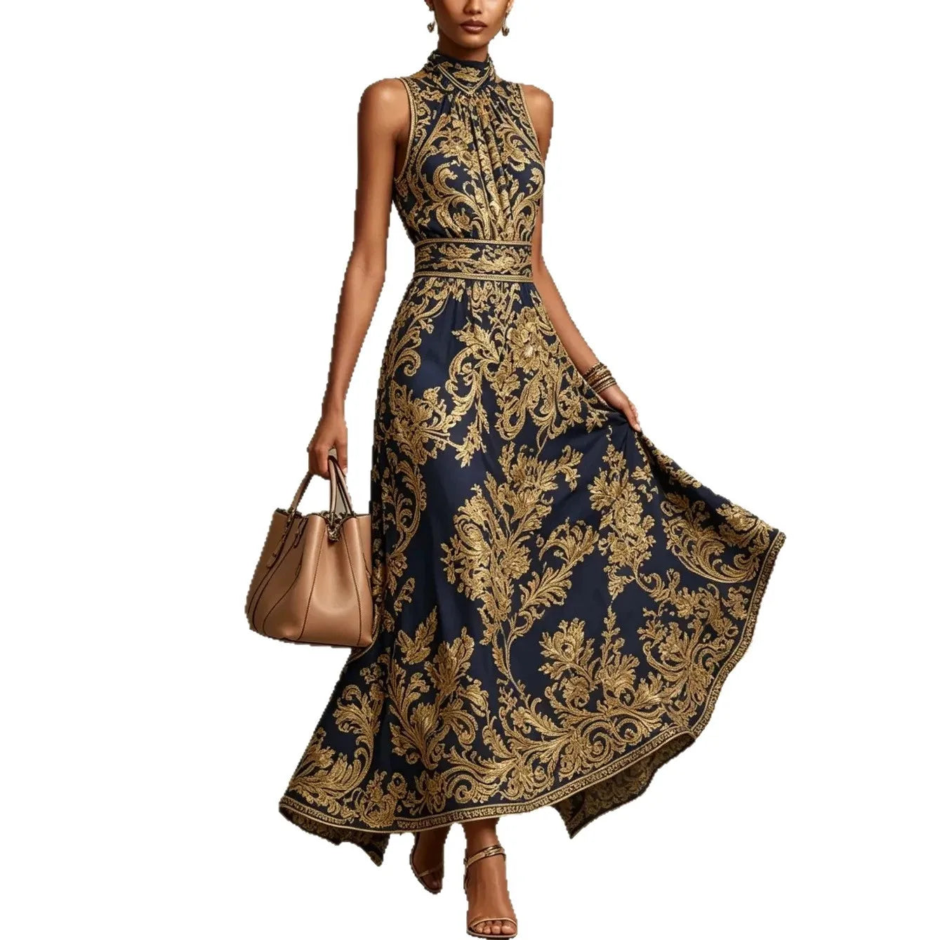 Elegant Baroque Print Halter Neck Maxi Dress for Women