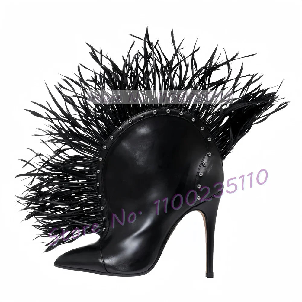 Feather Trimmed Leather Pointy Toe Ankle Boots For Women