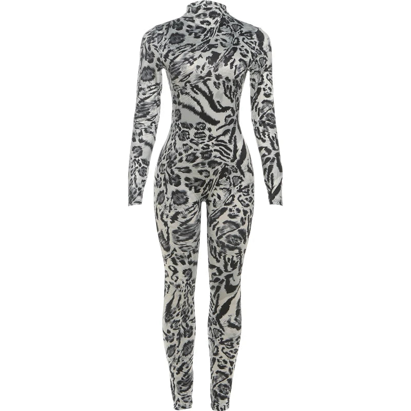 Leopard Print Turtleneck Slim Fit Jumpsuit for Women