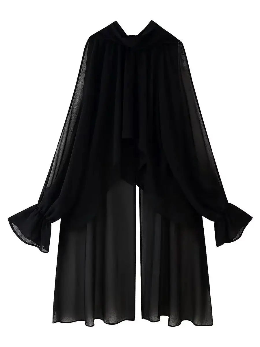 Vintage Chiffon Tiered Ruffle Sleeve Blouse with High Neck for Women