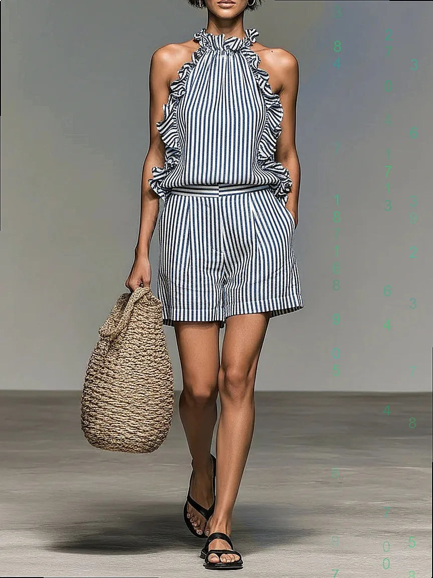 Striped Sleeveless Tee Top and Shorts Set for Women