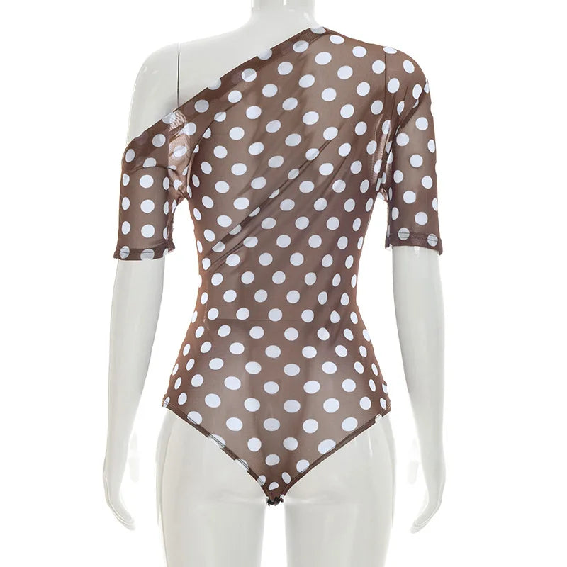 Off Shoulder Polka Dot Mesh See Through Two Piece Set for Women