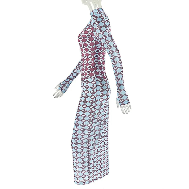 Geometric Print Mesh Sheer Turtleneck Long Dress for Women