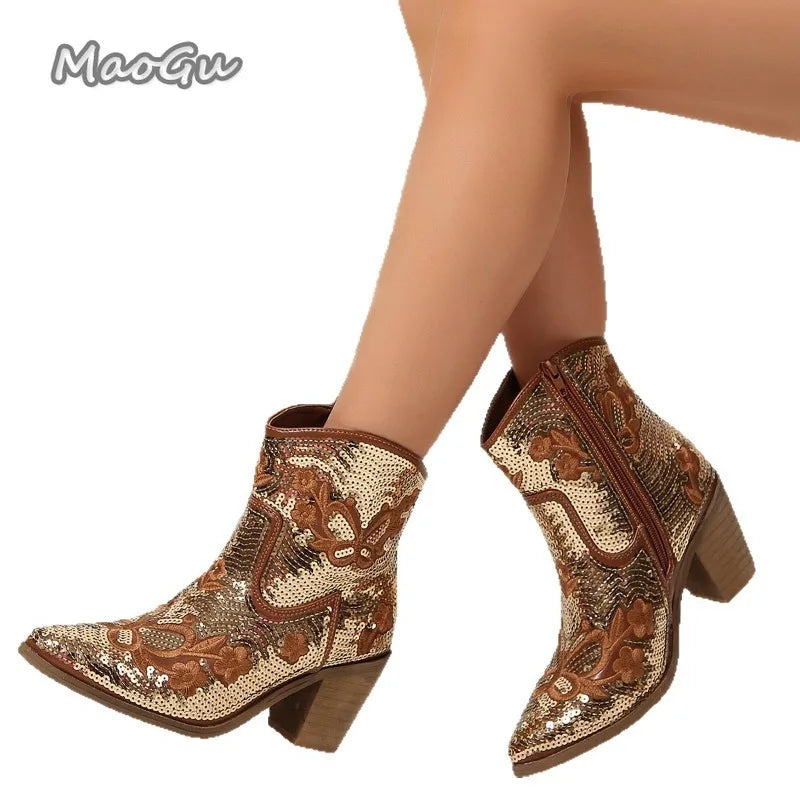 Glitter Pointed Toe Square Heel Ankle Boots for Women