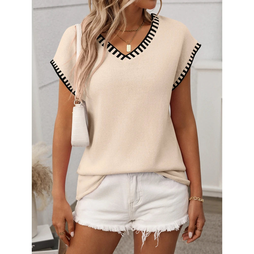 2025 Summer Women's Striped Ribbed Knitted V Neck Short Sleeve T-Shirts Femme Fashion Colorblock Casual Tops Streetwear