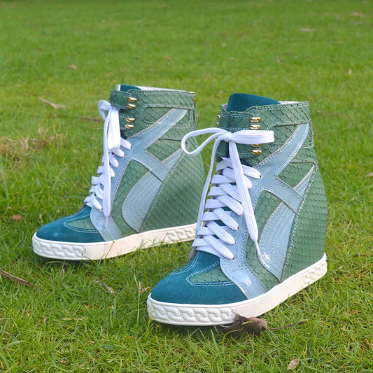 Patchwork Buckle Strap Hollow-Out Wedge Ankle Boots