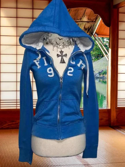 American vintage blue sweatshirt casual Y2K slim-fitting cardigan jacket for women Gothic style street wear for autumn winter