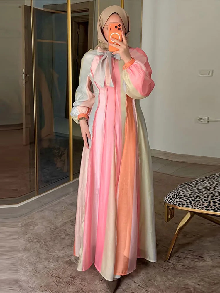Elegant Chic Color Stripe Balloon Sleeve Dress for Women