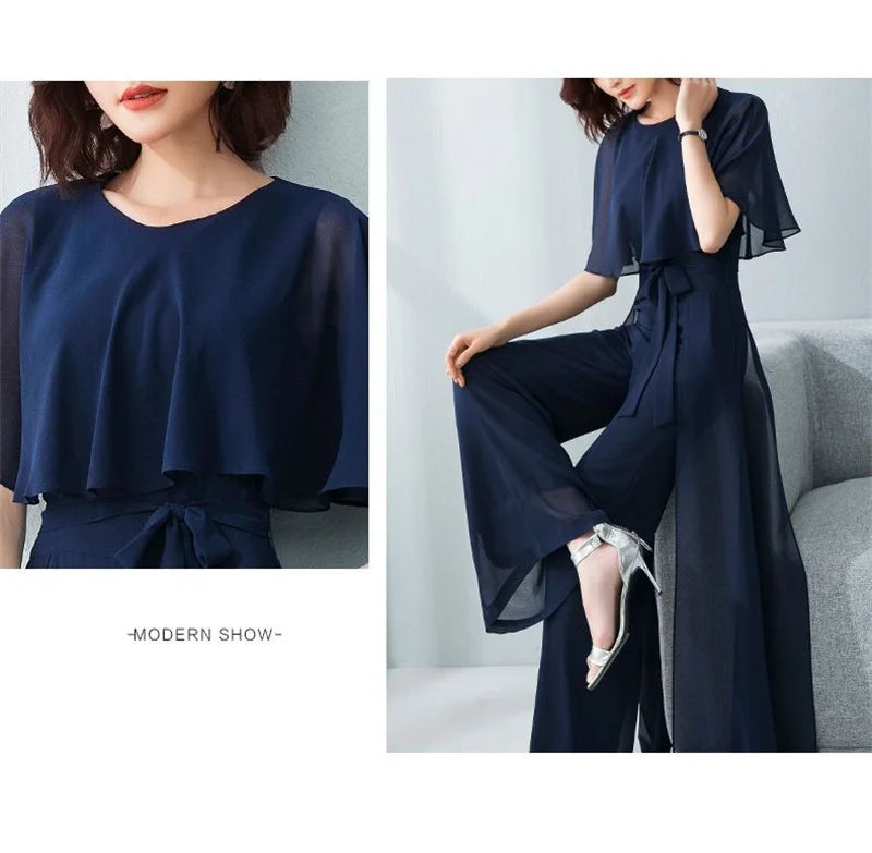 Lotus Leaf Sleeve Jumpsuit Women's Summer Long 2023 New Chiffon Jumpsuit Wide Leg Set Temperament Jumpsuit Female Bodysuit Blue