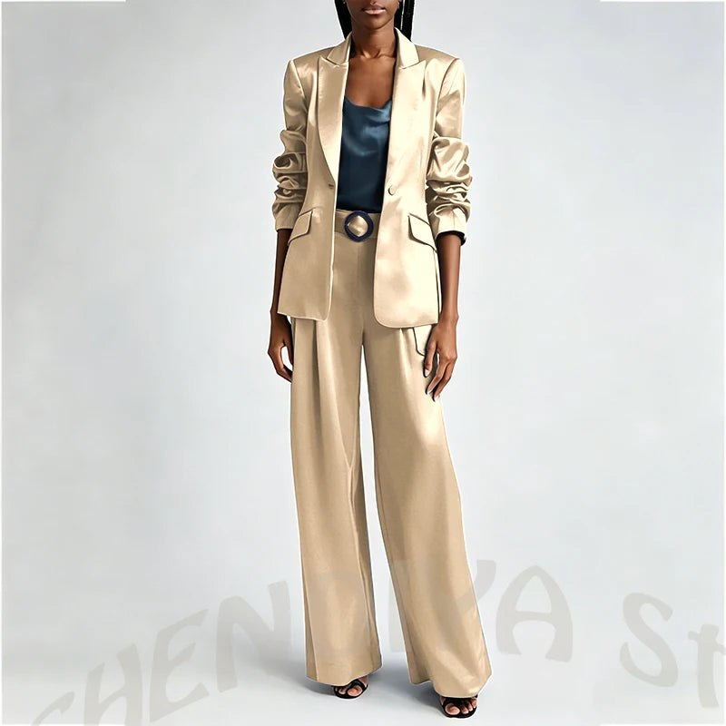 Women's Two Pieces Set Satin Peaked Lapel Elegant Fashion Single Button Straight Professional Tailor-Made Jacket with Pants