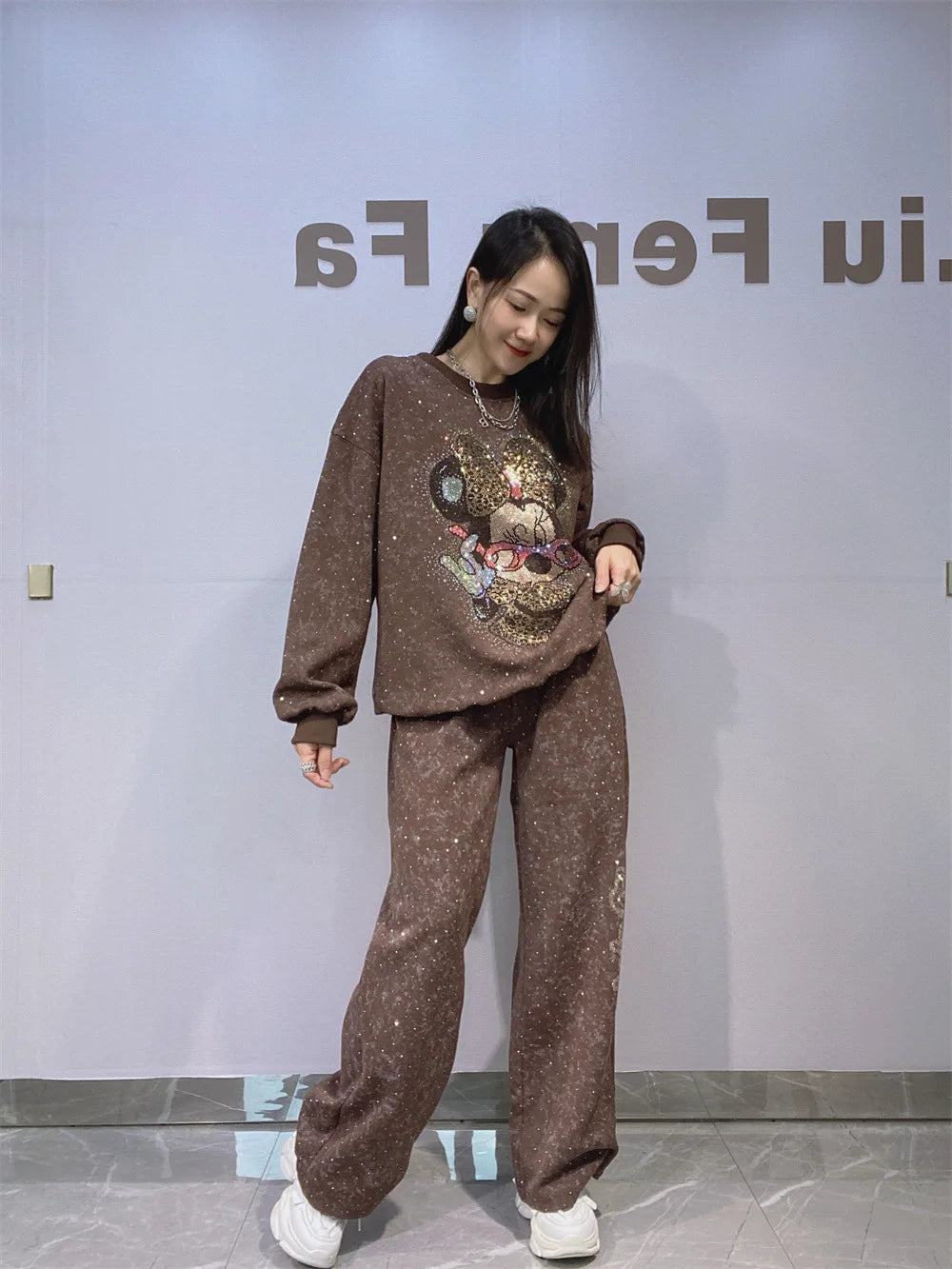 Autumn Winter Rhinestone Long Sleeve Round Neck Pullover Sweatshirt and Long Pants Set Fashion Woman Clothes Outfits 2025 New