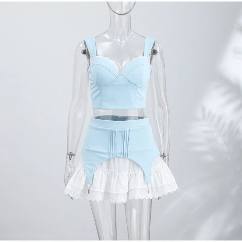Patchwork Lace Sleeveless Mini Skirt And Camisole Set for Women