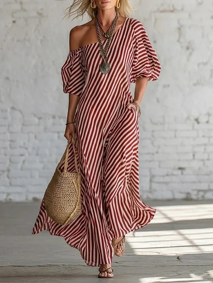 Striped Off Shoulder With Pockets Maxi Dress for Women
