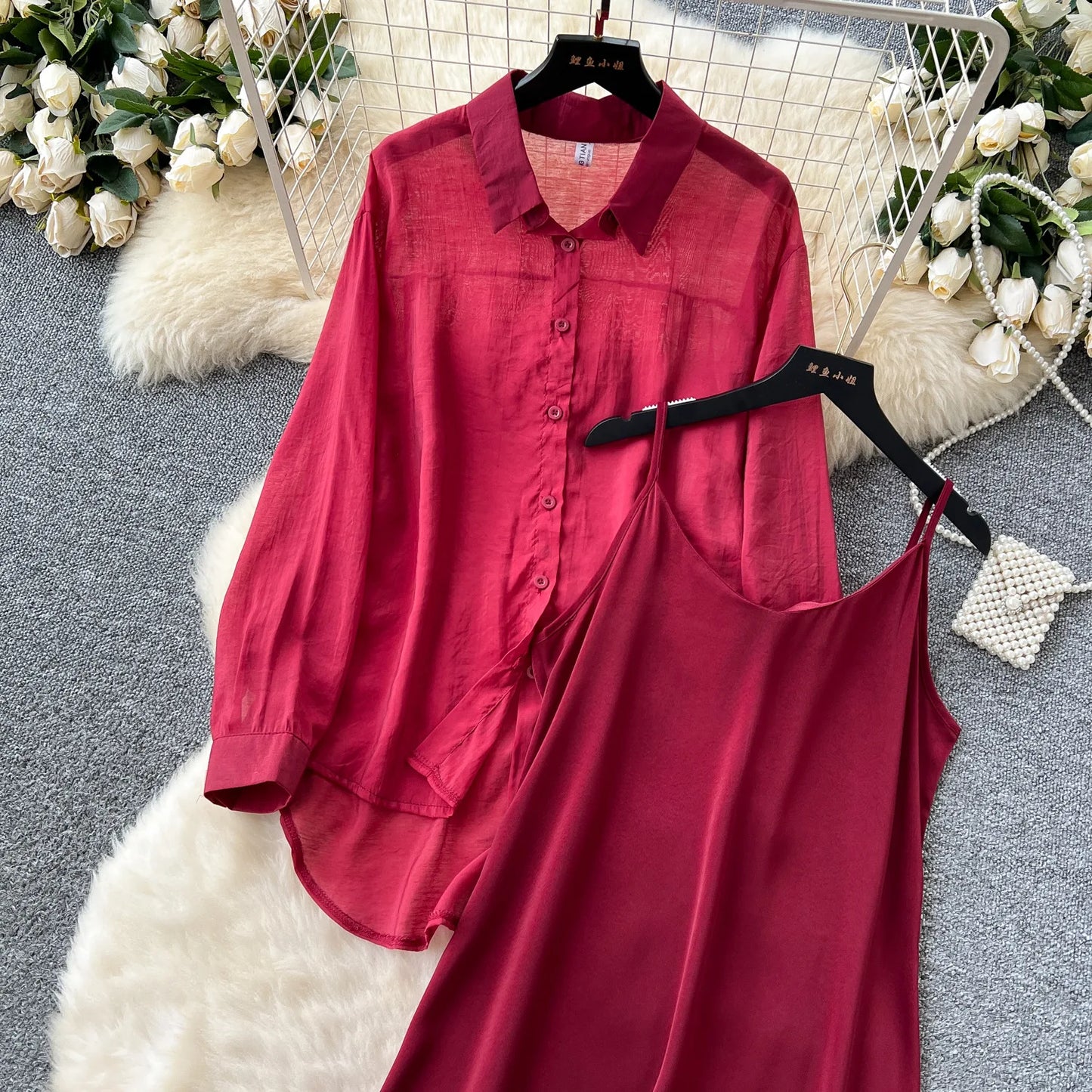 Elegant Long Sleeve Turn Down Collar Solid Color Two Piece Set for Women
