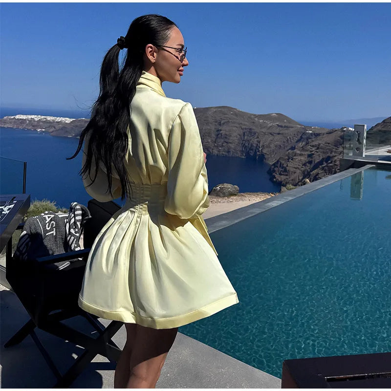Pale Yellow Satin Puff Sleeve Ruched Waist Dress For Women