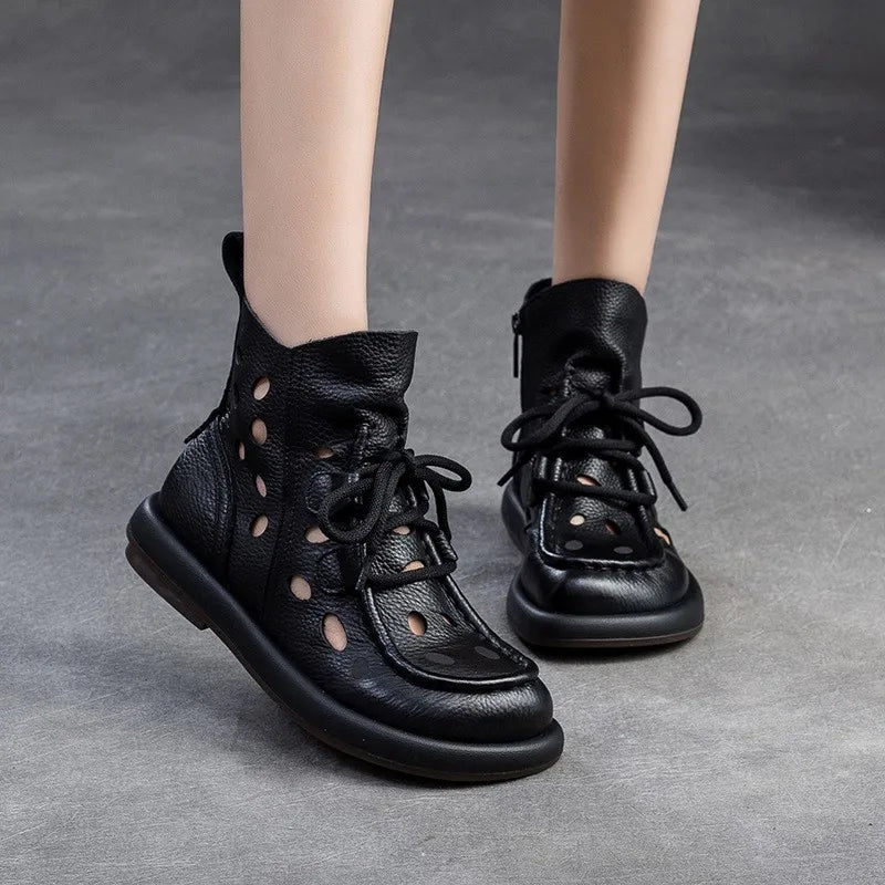 Breathable Hollow-Out Genuine Leather Ankle Boots for Women