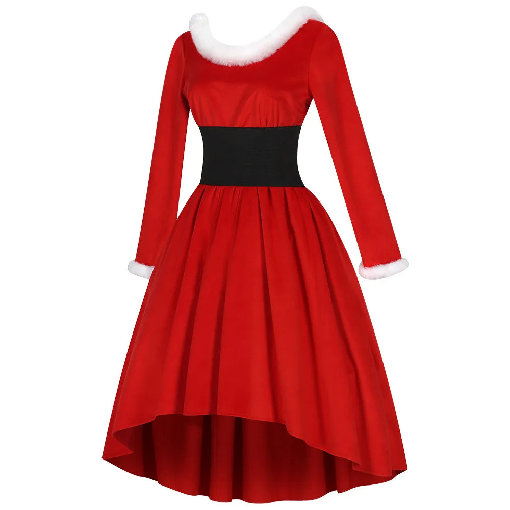 Long Sleeve Red Christmas Santa With Belt Dress for Women