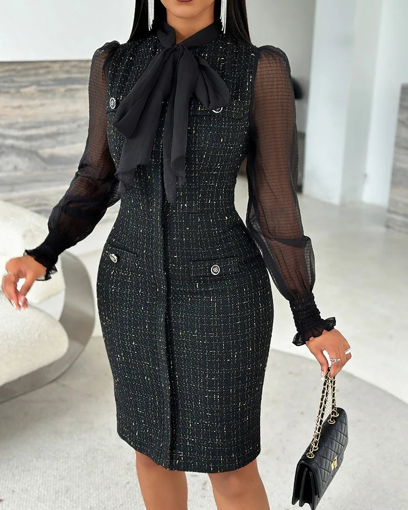 Tie Neck Mesh Patch Midi Dress
