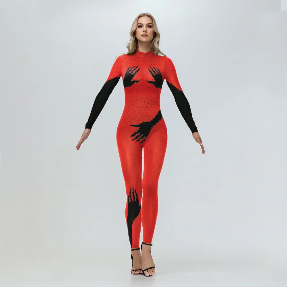 Elegant Skin Color Rhinestone Print Jumpsuit for Women