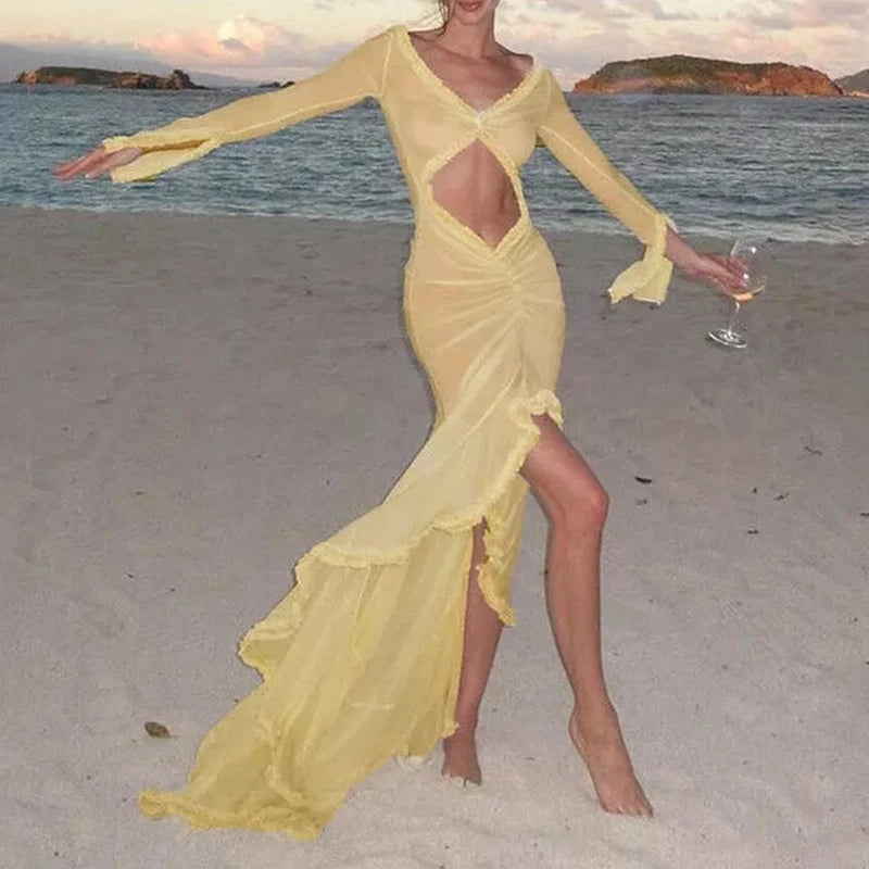 Beach Vacation Sexy Mesh Sheer Ruffled Dress for Women