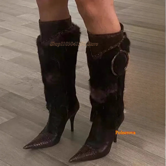 Winter Furry Leather Knee High Boots,Crocodile Pattern Pointed Toe Stiletto Women Shoes Zipper Boots2023 New Zapatos Para Mujere