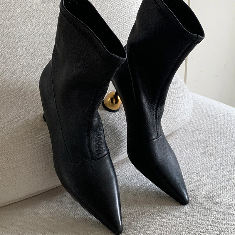 Pointed Toe Pleated Soft Leather Ankle Boots For Women