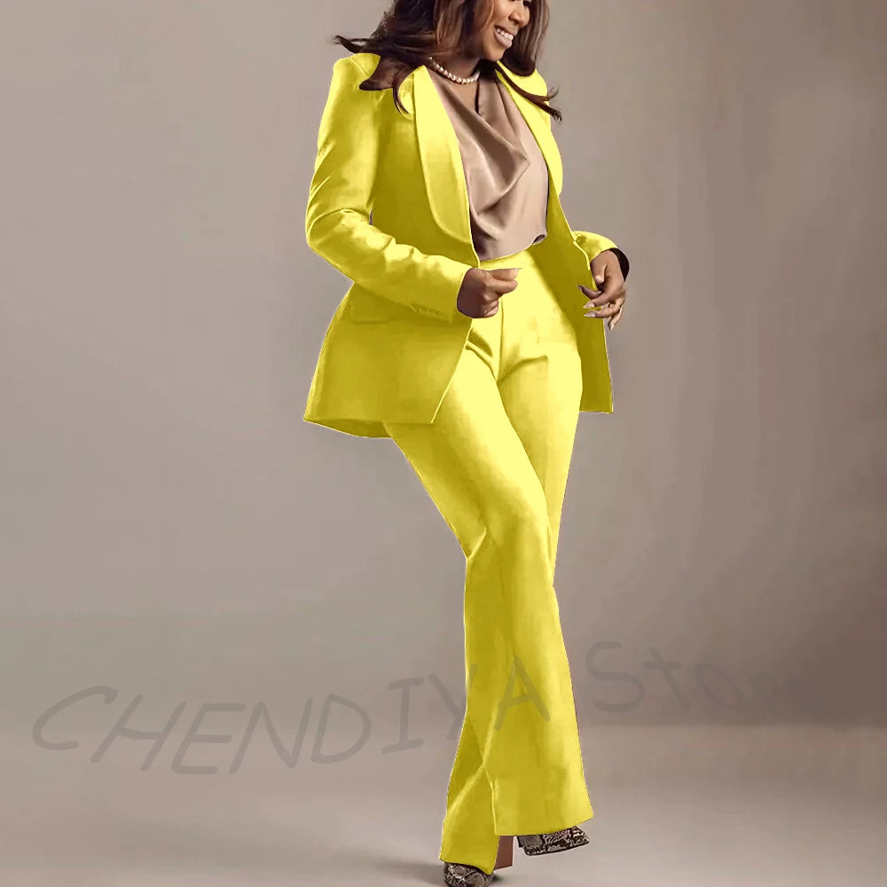 Classic Brown Women Suits Shawl Lapel Slim Fit Solid Color Formal Sets 2 Piece High Quality Office Lady Outfits Jacket Pants
