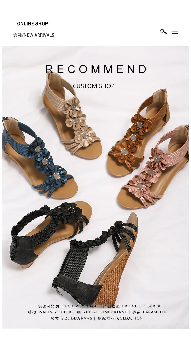 Bohemian Floral Vintage Leather Wedge Sandals for Women