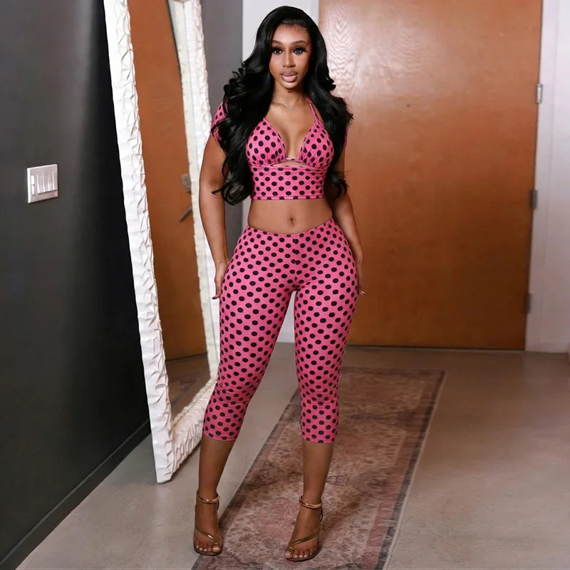 Dot Print Sexy Sling Tank Tracksuit Sets for Women