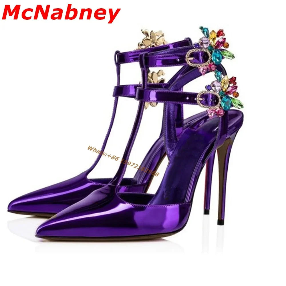 Purple Patent Pointy Toe T Strap Stiletto Pump With Ankle Buckle For Women