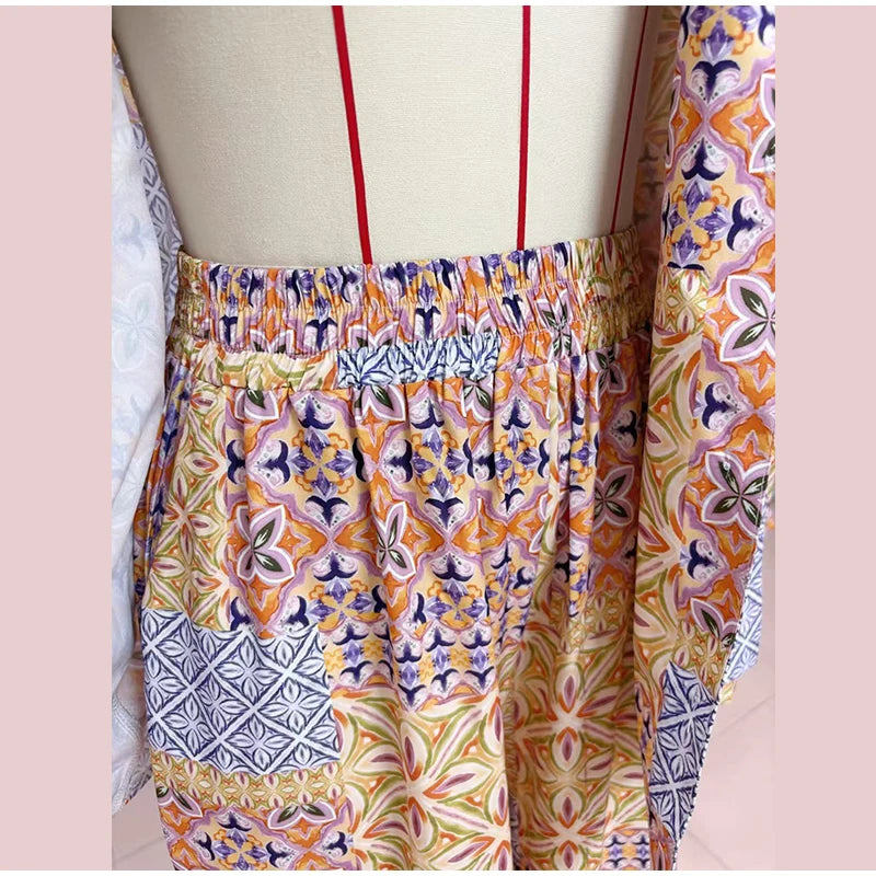 Casual Print Long Sleeve V-Neck Top Wide-Leg Trousers Two-Piece Set for Women
