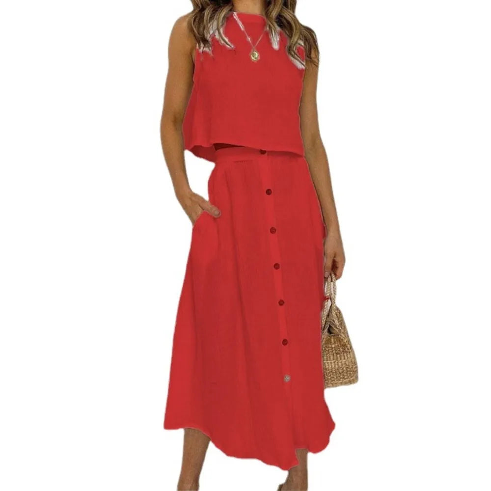 Double Layer Casual Elegant O Neck Vest And Skirt Set for Women