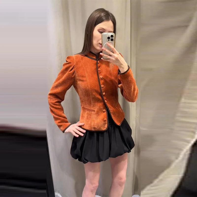Slim Stand Collar Single-Breasted Short Jacket for Women