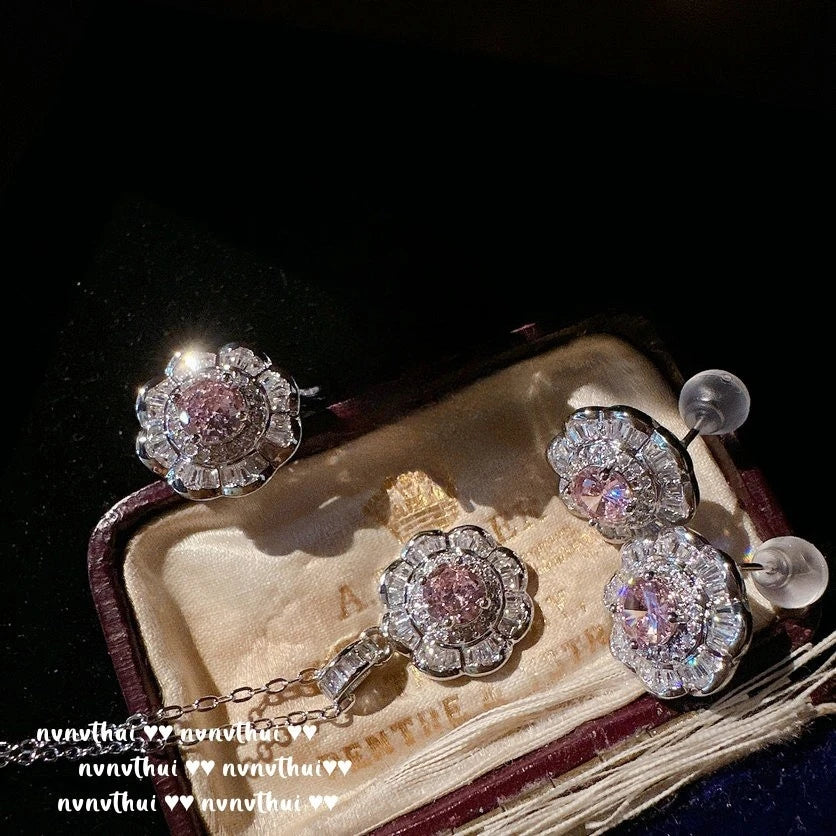 Sterling Silver Pink Cubic Zirconia Jewelry Set for Women