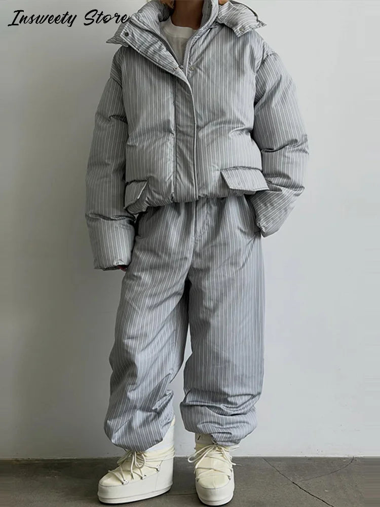 Striped Hooded Puffer Jacket and Wide Leg Pants Set for Women