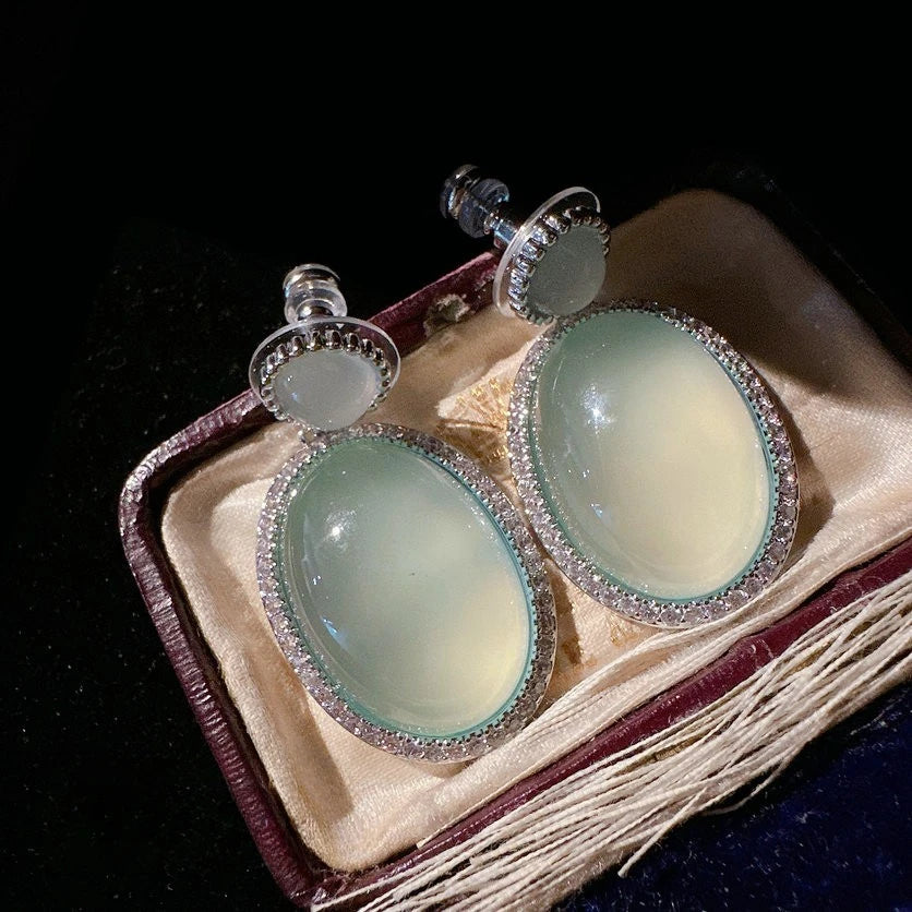 Elegant Oval Jade Zircon Gemstone Drop Earrings for Women