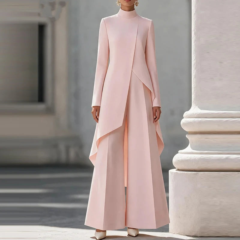 Elegant Turtleneck Long Sleeve Top and Wide Leg Pants Set for Women