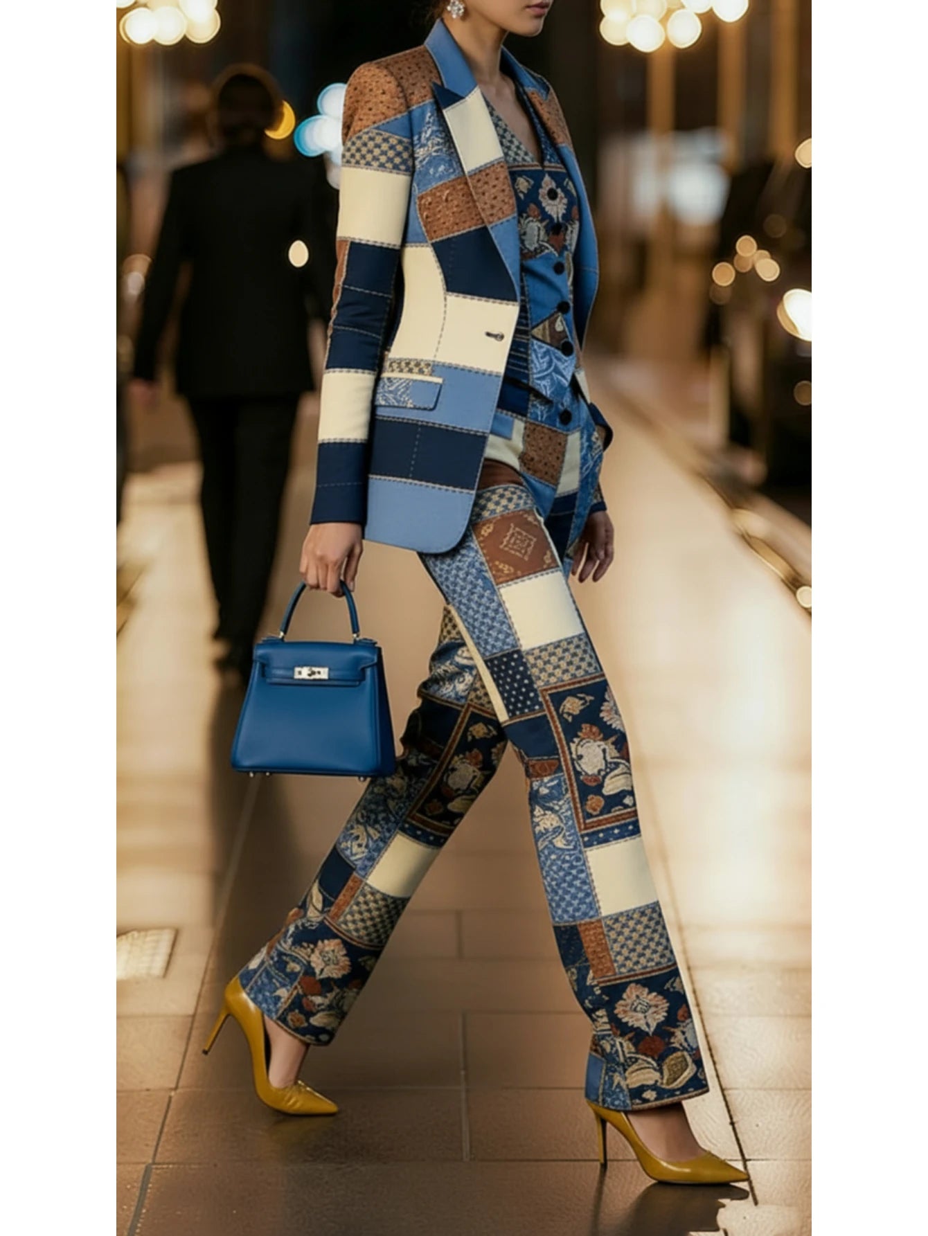 Women's Three Piece Patchwork Printed Lapel Blazer Vest Wide Leg Pants For Business Dinner Street Fashion Occasions