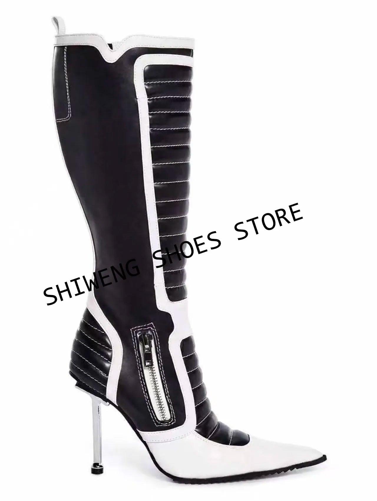 Women Black Pink Patchwork Knee High Boots Pointed Toe Stiletto Heel Zipper Up Fashion Moto Boots Party Clubwear Prom Shoes 44
