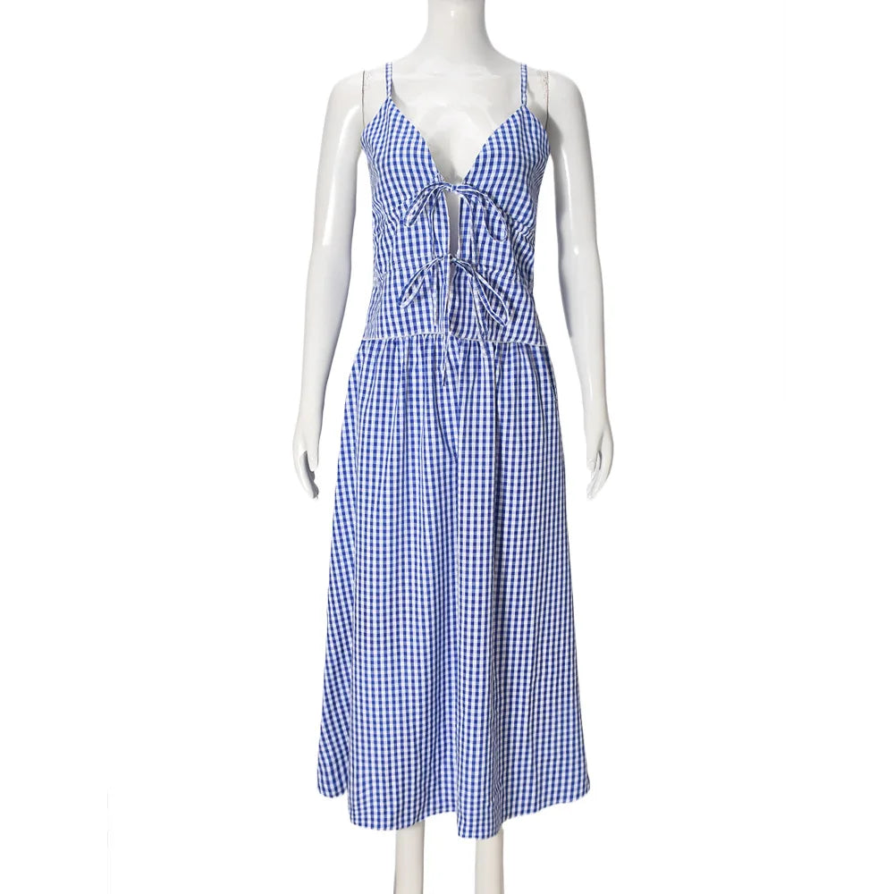 Y2K Striped Printed Lace Up Sleeveless Cropped Top Two Piece Set for Women