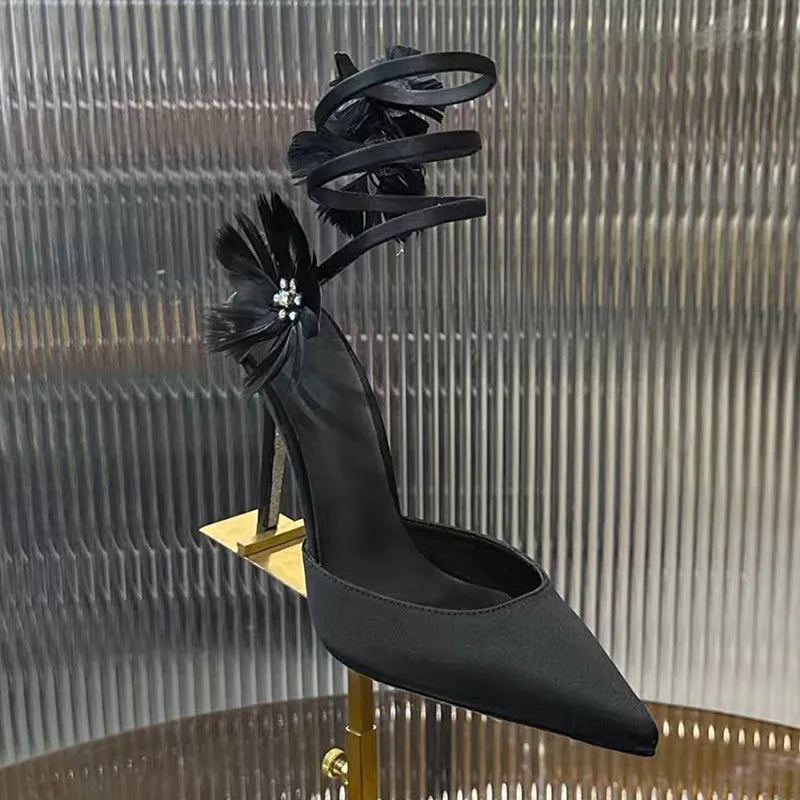 Rhinestone Feather Flower Embellished Ankle Strap High Heel Sandals for Women